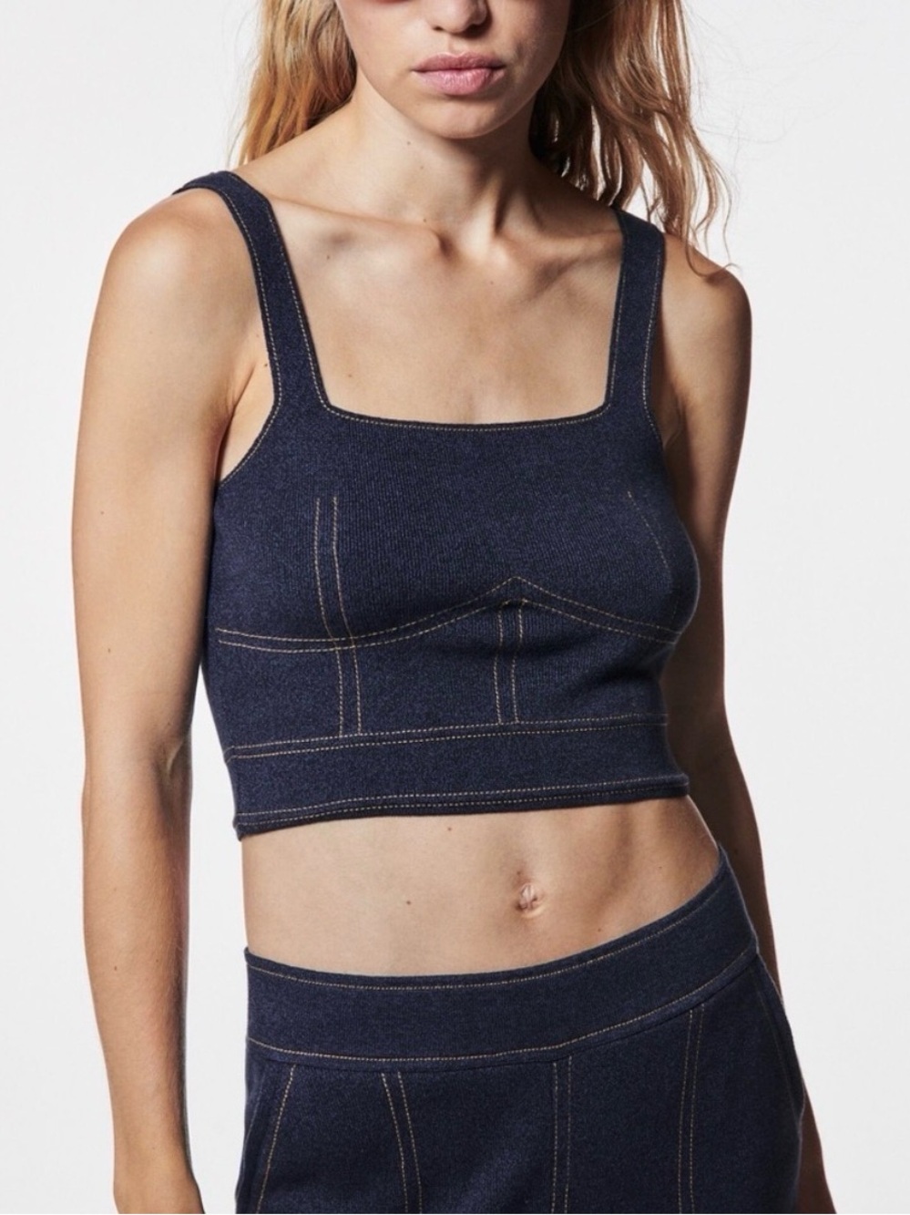 Zara blue denim effect knit top NWT